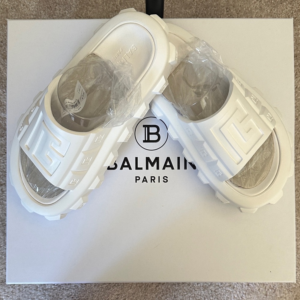 Balmain Womens White Ari Rubber Slides Sandals US 6/7 EU 36/37